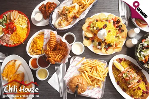 For QR25 Enjoy your choice of Burgers, Hotdogs & more at Chili House! (QR50 Value)